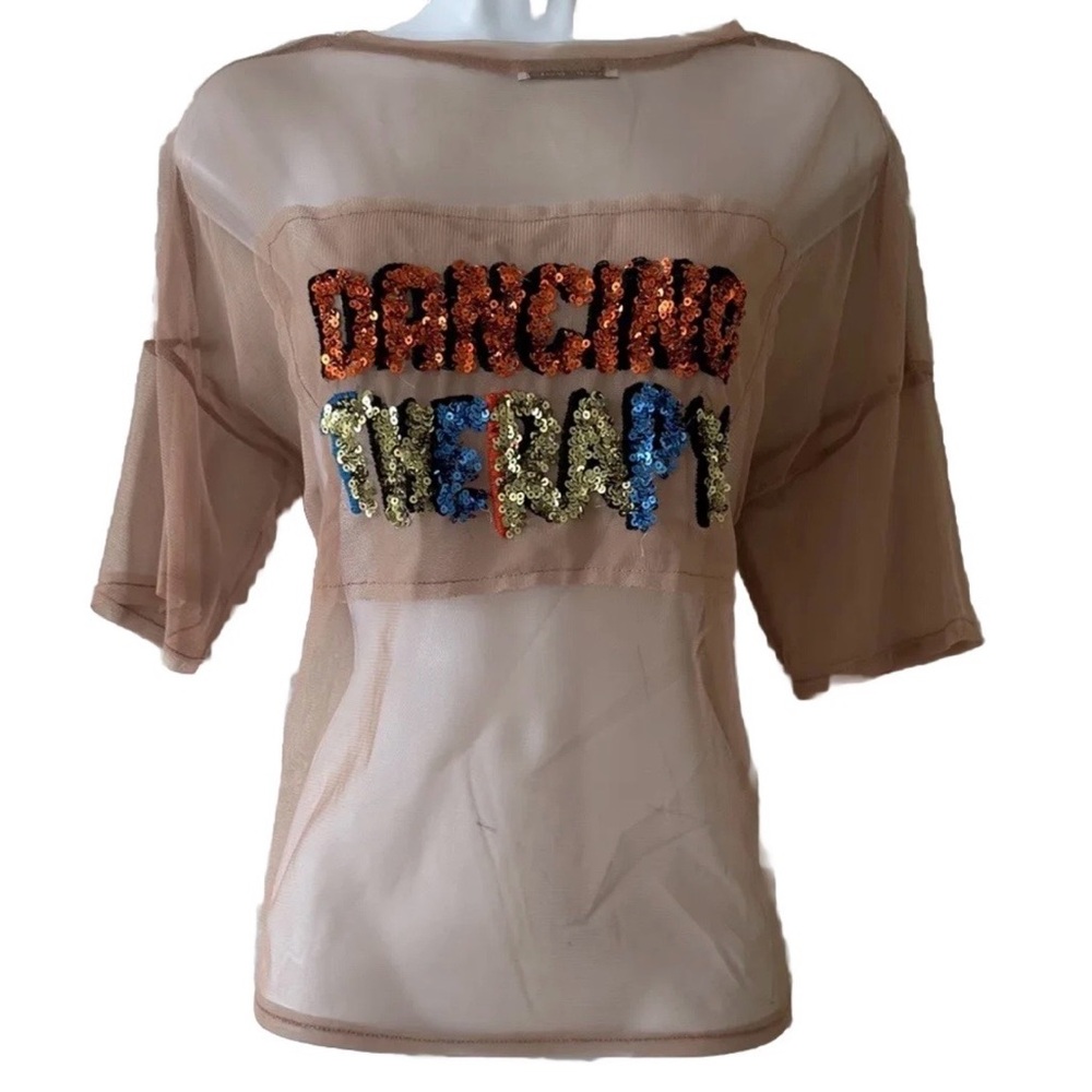 ZARA Dancing Therapy Sequin Embellished Sheer Tan Top